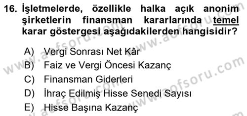 Finansal Tablolar Analizi Dersi 2025 - 2026 Yılı (Final) Dönem Sonu Sınav Soruları 16. Soru