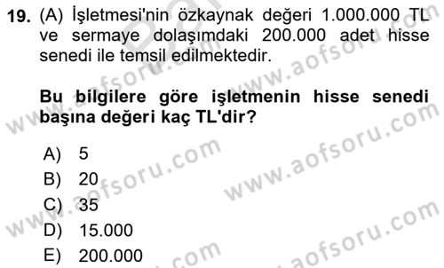 Finansal Tablolar Analizi Dersi 2025 - 2026 Yılı (Final) Dönem Sonu Sınav Soruları 19. Soru