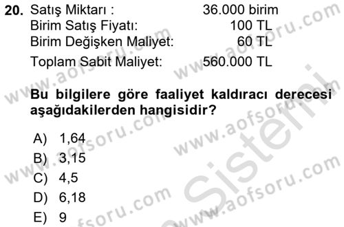 Finansal Tablolar Analizi Dersi 2025 - 2026 Yılı (Final) Dönem Sonu Sınav Soruları 20. Soru