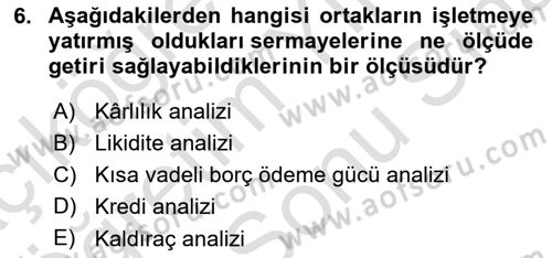 Finansal Tablolar Analizi Dersi 2025 - 2026 Yılı (Final) Dönem Sonu Sınav Soruları 6. Soru