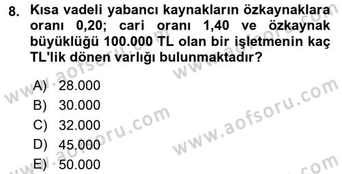 Finansal Tablolar Analizi Dersi 2025 - 2026 Yılı (Final) Dönem Sonu Sınav Soruları 8. Soru