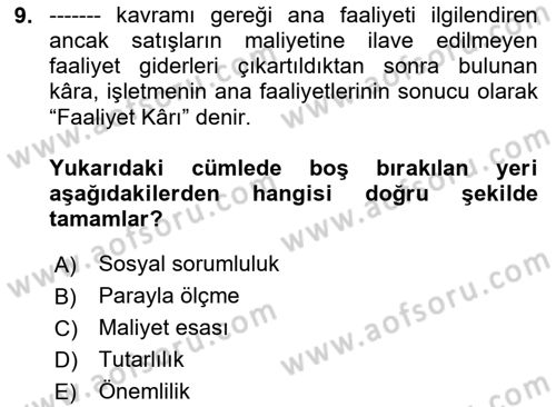 Finansal Tablolar Analizi Dersi 2025 - 2026 Yılı (Final) Dönem Sonu Sınav Soruları 9. Soru
