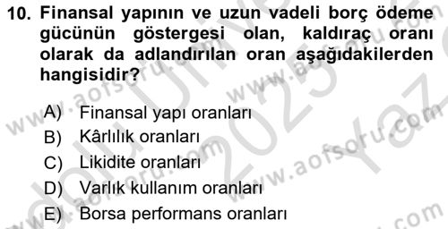 Finansal Tablolar Analizi Dersi 2025 - 2026 Yılı Yaz Okulu Sınav Soruları 10. Soru