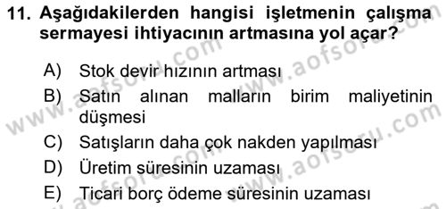 Finansal Tablolar Analizi Dersi 2025 - 2026 Yılı Yaz Okulu Sınav Soruları 11. Soru