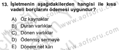 Finansal Tablolar Analizi Dersi 2025 - 2026 Yılı Yaz Okulu Sınav Soruları 13. Soru