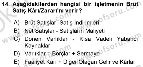 Finansal Tablolar Analizi Dersi 2025 - 2026 Yılı Yaz Okulu Sınav Soruları 14. Soru
