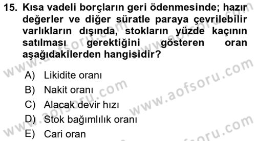 Finansal Tablolar Analizi Dersi 2025 - 2026 Yılı Yaz Okulu Sınav Soruları 15. Soru
