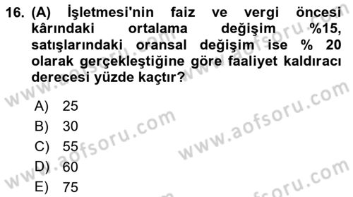 Finansal Tablolar Analizi Dersi 2025 - 2026 Yılı Yaz Okulu Sınav Soruları 16. Soru
