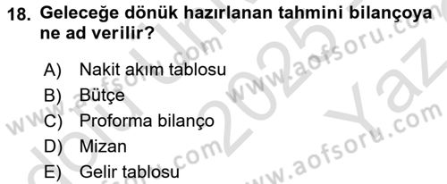 Finansal Tablolar Analizi Dersi 2025 - 2026 Yılı Yaz Okulu Sınav Soruları 18. Soru