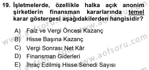 Finansal Tablolar Analizi Dersi 2025 - 2026 Yılı Yaz Okulu Sınav Soruları 19. Soru