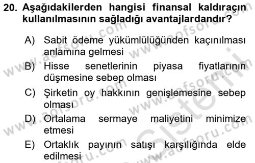 Finansal Tablolar Analizi Dersi 2025 - 2026 Yılı Yaz Okulu Sınav Soruları 20. Soru