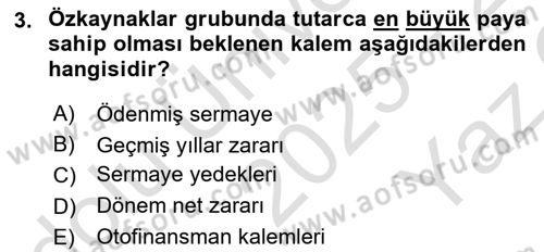 Finansal Tablolar Analizi Dersi 2025 - 2026 Yılı Yaz Okulu Sınav Soruları 3. Soru