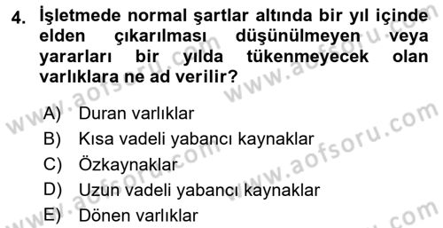 Finansal Tablolar Analizi Dersi 2025 - 2026 Yılı Yaz Okulu Sınav Soruları 4. Soru
