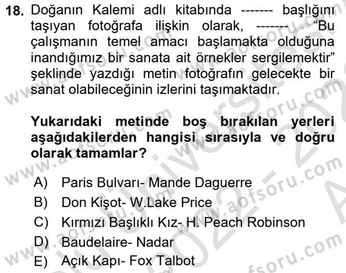 Fotoğraf Tarihi Dersi Ara Sınavı Deneme Sınav Soruları 18. Soru