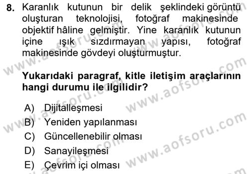 Fotoğraf Kültürü Dersi 2025 - 2026 Yılı (Final) Dönem Sonu Sınav Soruları 8. Soru