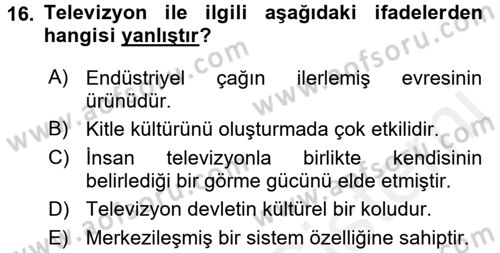 Film ve Video Kültürü Dersi 2017 - 2018 Yılı 3 Ders Sınav Soruları 16. Soru