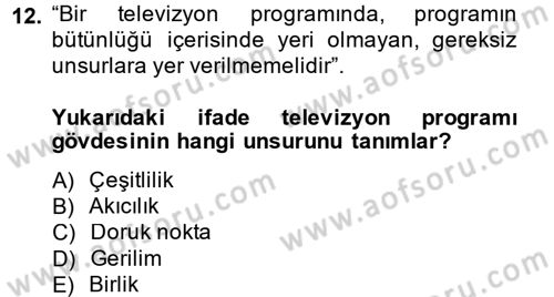 Televizyon Program Yapımı Dersi 2013 - 2014 Yılı (Vize) Ara Sınav Soruları 12. Soru