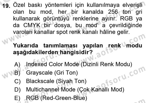 Sayısal Fotoğraf İşleme Teknikleri Dersi 2023 - 2024 Yılı Yaz Okulu Sınav Soruları 19. Soru