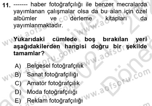 Sayısal Fotoğraf Baskı Teknikleri Dersi 2021 - 2022 Yılı (Final) Dönem Sonu Sınav Soruları 11. Soru