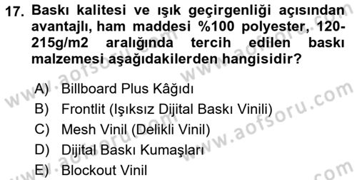 Sayısal Fotoğraf Baskı Teknikleri Dersi 2022 - 2023 Yılı (Final) Dönem Sonu Sınav Soruları 17. Soru