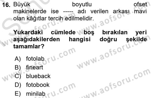 Sayısal Fotoğraf Baskı Teknikleri Dersi 2023 - 2024 Yılı (Final) Dönem Sonu Sınav Soruları 16. Soru