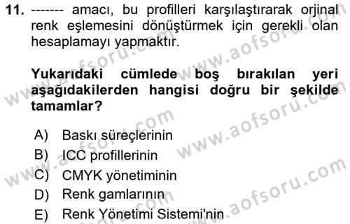 Sayısal Fotoğraf Baskı Teknikleri Dersi 2023 - 2024 Yılı Yaz Okulu Sınav Soruları 11. Soru