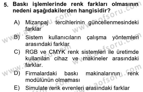 Sayısal Fotoğraf Baskı Teknikleri Dersi 2023 - 2024 Yılı Yaz Okulu Sınav Soruları 5. Soru