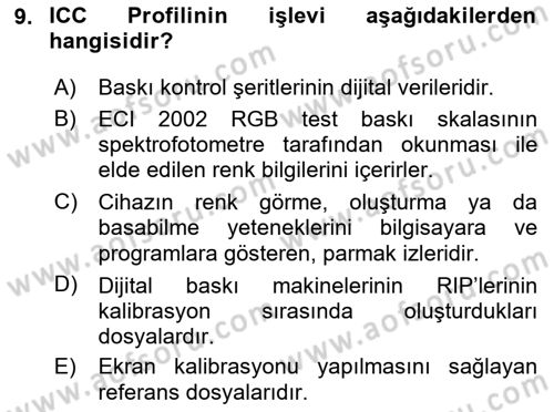 Sayısal Fotoğraf Baskı Teknikleri Dersi 2024 - 2025 Yılı (Vize) Ara Sınav Soruları 9. Soru