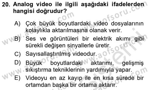 Fotoğraf ve Video Proje Geliştirme Dersi 2020 - 2021 Yılı Yaz Okulu Sınav Soruları 20. Soru