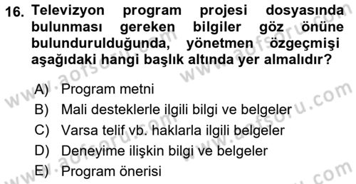 Fotoğraf ve Video Proje Geliştirme Dersi 2023 - 2024 Yılı Yaz Okulu Sınav Soruları 16. Soru