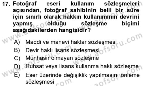 Fotoğrafın Kullanım Alanları Dersi 2016 - 2017 Yılı (Final) Dönem Sonu Sınav Soruları 17. Soru