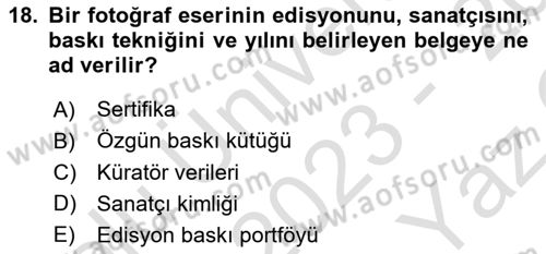 Fotoğrafın Kullanım Alanları Dersi 2023 - 2024 Yılı Yaz Okulu Sınav Soruları 18. Soru