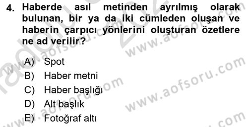 Basın Fotoğrafçılığı Dersi 2023 - 2024 Yılı (Vize) Ara Sınav Soruları 4. Soru