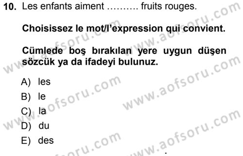 Fransızca 1 Dersi Ara Sınavı Deneme Sınav Soruları 10. Soru