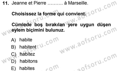 Fransızca 1 Dersi Ara Sınavı Deneme Sınav Soruları 11. Soru
