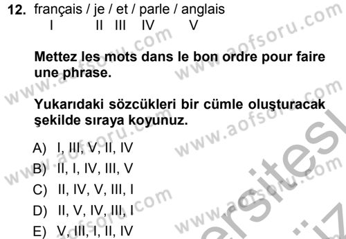Fransızca 1 Dersi Ara Sınavı Deneme Sınav Soruları 12. Soru