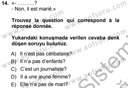 Fransızca 1 Dersi Ara Sınavı Deneme Sınav Soruları 14. Soru