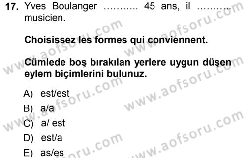 Fransızca 1 Dersi Ara Sınavı Deneme Sınav Soruları 17. Soru