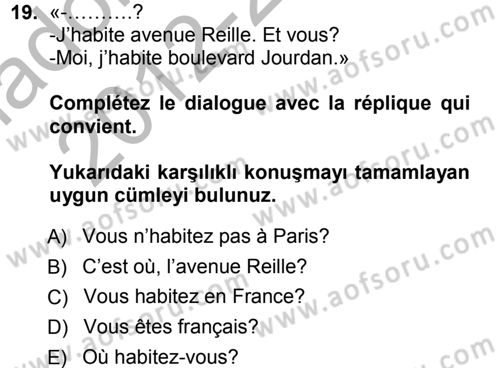 Fransızca 1 Dersi Ara Sınavı Deneme Sınav Soruları 19. Soru