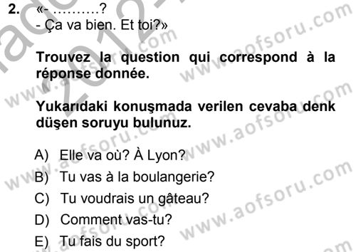 Fransızca 1 Dersi Ara Sınavı Deneme Sınav Soruları 2. Soru