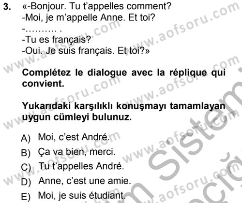 Fransızca 1 Dersi Ara Sınavı Deneme Sınav Soruları 3. Soru