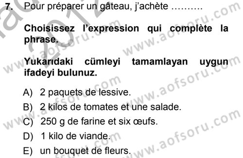 Fransızca 1 Dersi Ara Sınavı Deneme Sınav Soruları 7. Soru