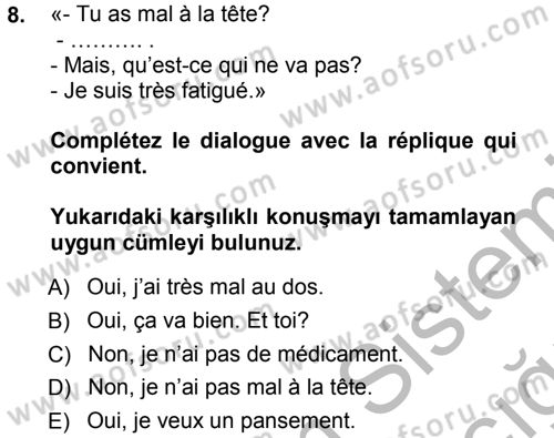 Fransızca 1 Dersi Ara Sınavı Deneme Sınav Soruları 8. Soru