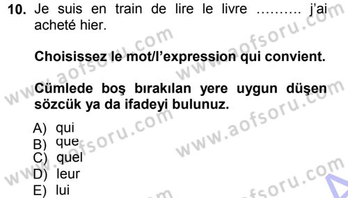 Fransızca 1 Dersi 2012 - 2013 Yılı (Final) Dönem Sonu Sınav Soruları 10. Soru