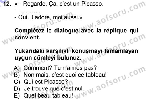 Fransızca 1 Dersi 2012 - 2013 Yılı (Final) Dönem Sonu Sınav Soruları 12. Soru