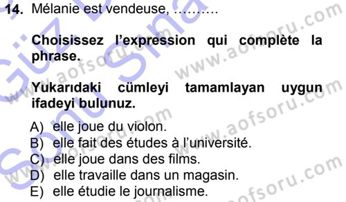 Fransızca 1 Dersi 2012 - 2013 Yılı (Final) Dönem Sonu Sınav Soruları 14. Soru