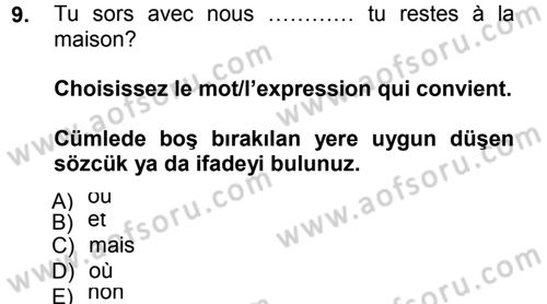 Fransızca 1 Dersi 2012 - 2013 Yılı (Final) Dönem Sonu Sınav Soruları 9. Soru
