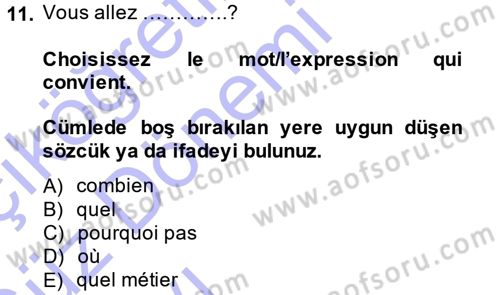 Fransızca 1 Dersi Ara Sınavı Deneme Sınav Soruları 11. Soru