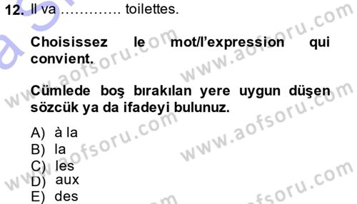 Fransızca 1 Dersi 2013 - 2014 Yılı (Vize) Ara Sınav Soruları 12. Soru