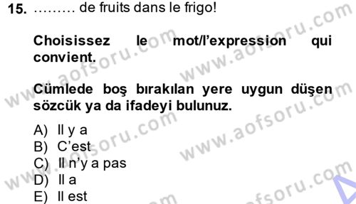 Fransızca 1 Dersi 2013 - 2014 Yılı (Vize) Ara Sınav Soruları 15. Soru